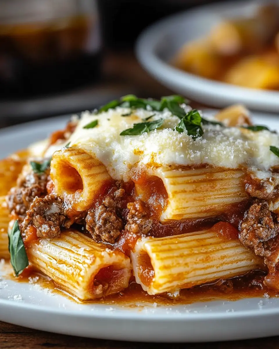 Überbackene Rigatoni mit Rindfleisch-Ragù und Mozzarella First Image First Image