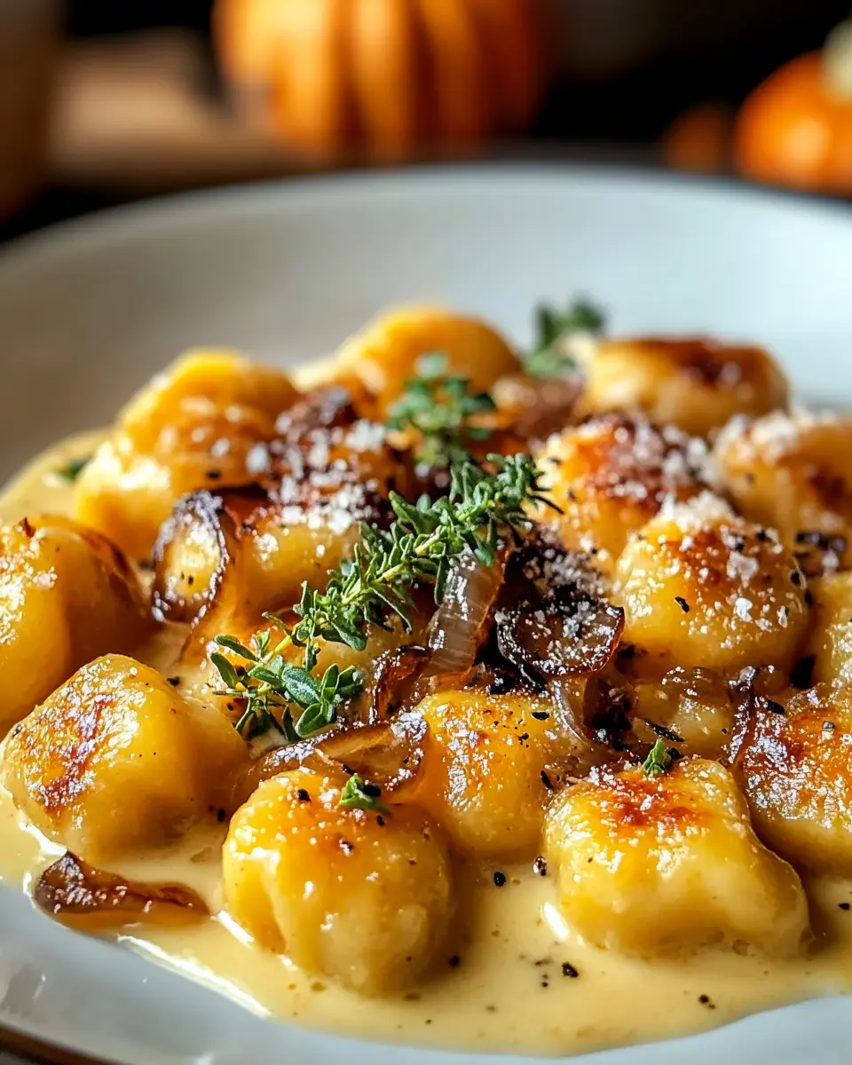 Herbstliche Kürbis‑Gnocchi mit karamellisierten Zwiebeln & Sahnesauce First Image First Image