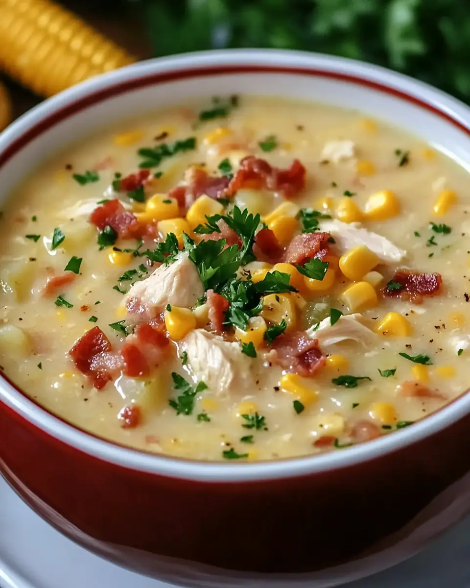 Snow Day Suppe – Herzhafte Kartoffelsuppe mit Huhn, Mais und Bacon First Image First Image