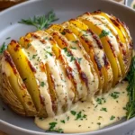 Überbackene Hasselback Kartoffeln in cremiger Sauce First Image First Image