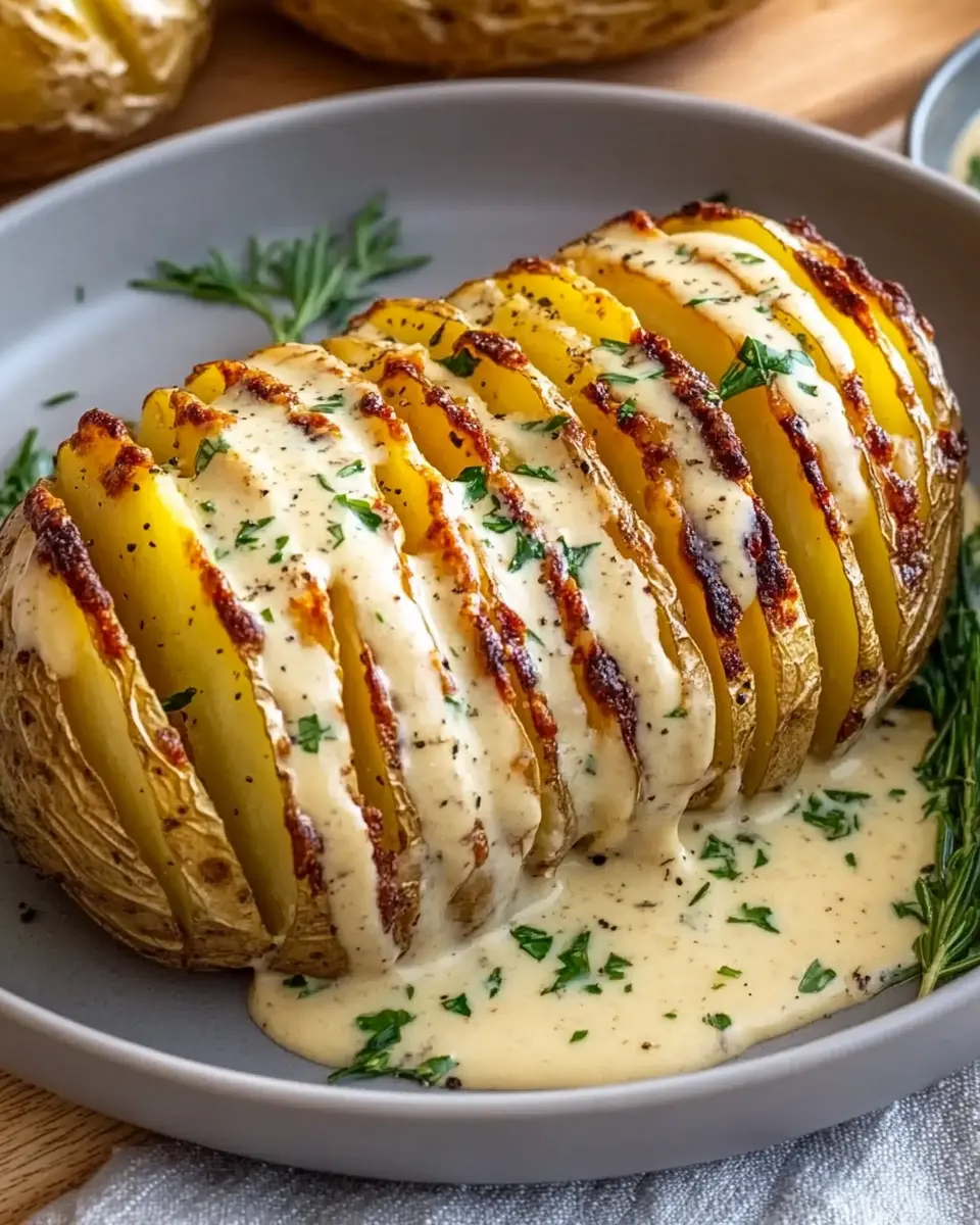 Überbackene Hasselback Kartoffeln in cremiger Sauce First Image First Image