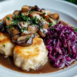 Pilz-Maronen Ragout mit Ofenknödeln und Rotkraut First Image First Image