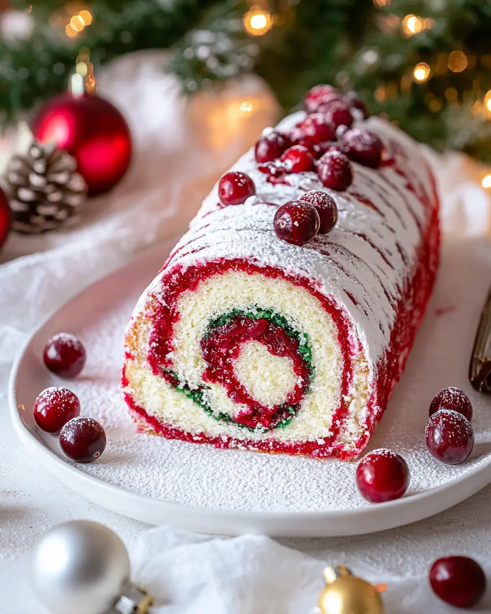 Zweifarbige Weihnachtsbiskuitrolle mit Preiselbeeren First Image First Image