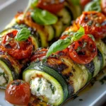 Gegrillte Zucchini-Röllchen mit Zitronen-Basilikum-Ricotta und langsam gerösteten Tomaten First Image First Image