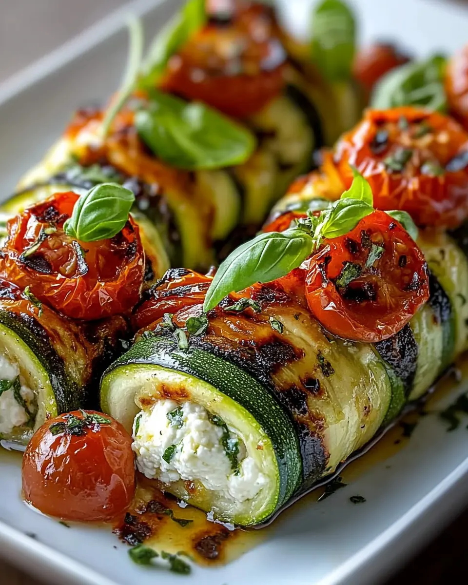 Gegrillte Zucchini-Röllchen mit Zitronen-Basilikum-Ricotta und langsam gerösteten Tomaten First Image First Image