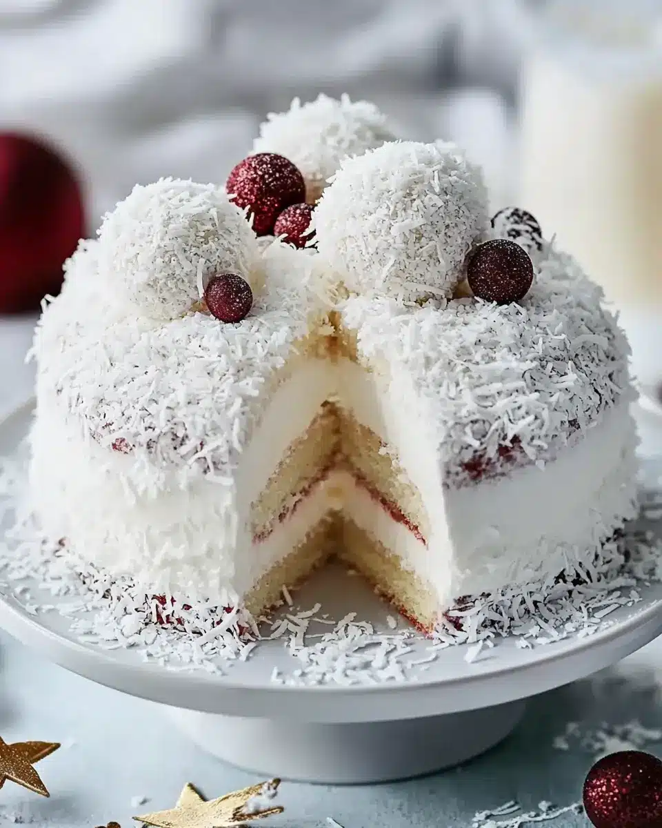 Festliche Schneeballtorte: Himmlisch leichte Torte mit Vanillemousse und Kokos First Image First Image