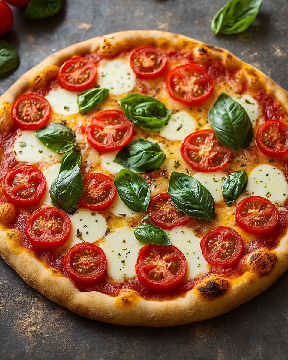 Pizza mit Tomaten, Mozzarella & Basilikum First Image First Image