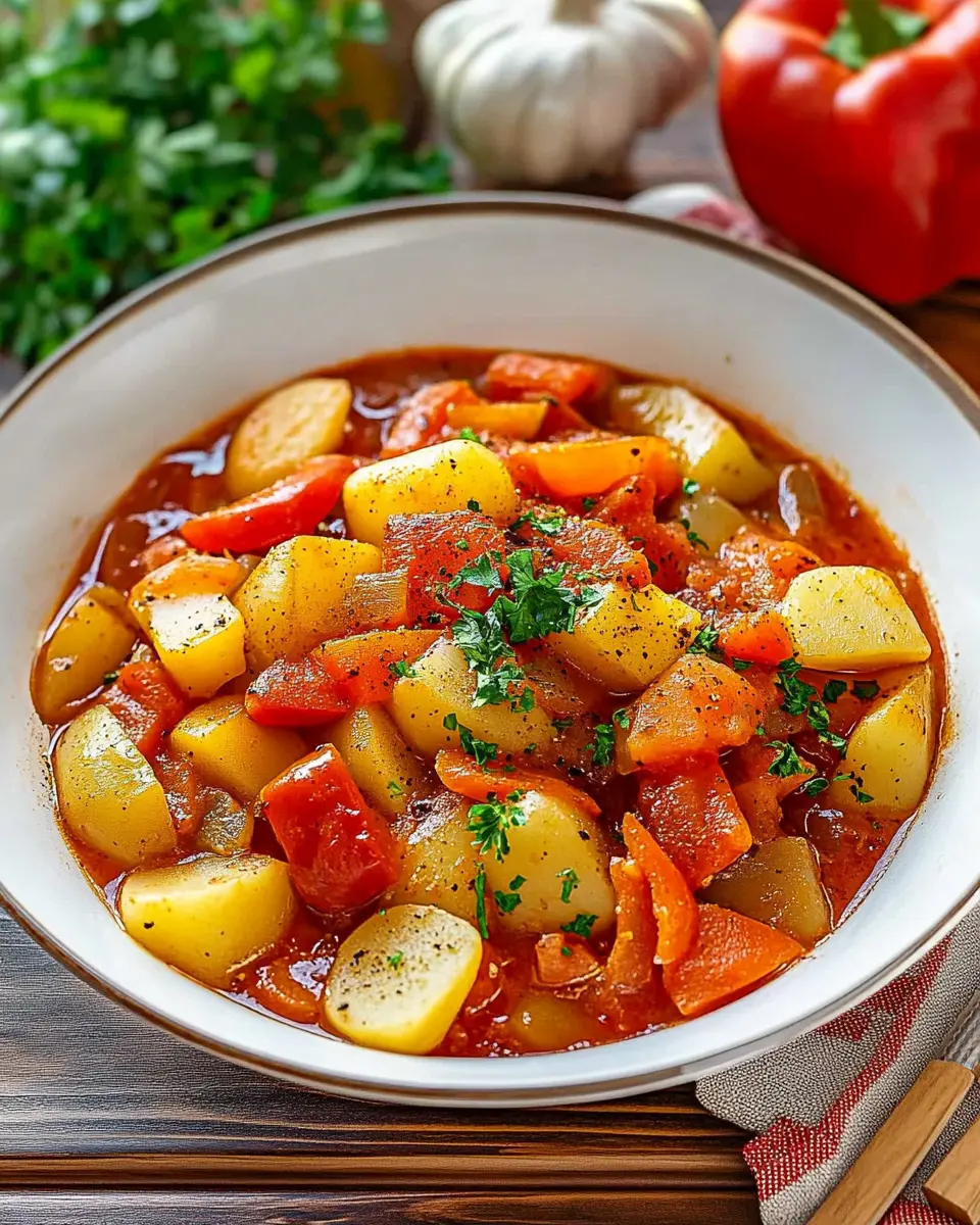 Vegetarisches Kartoffelgulasch mit Paprika First Image First Image